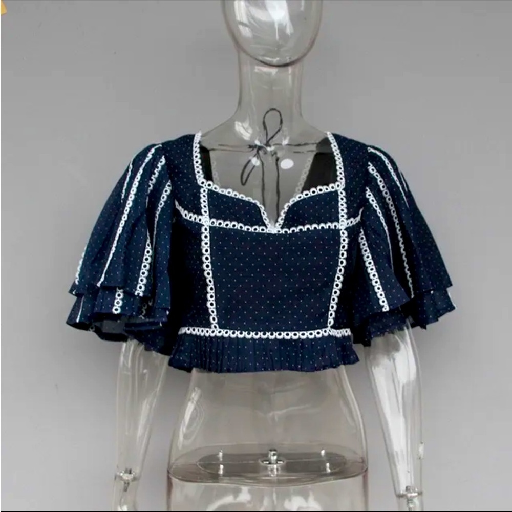 Polka Dot Crop Tops Female Irregular Collar Half Sleeves.